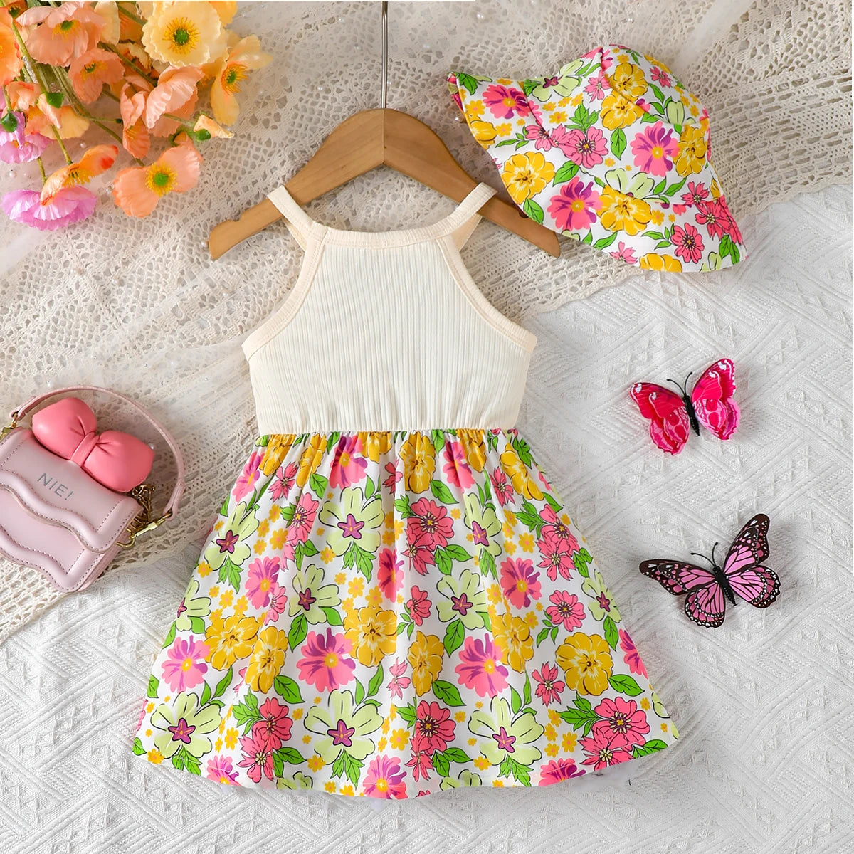 2Pcs Summer Baby girl Dress Maple leaves Bow Dress+Hat Set 0-3 Year Old Baby Girl Summer Beach Vacation Casual Dress