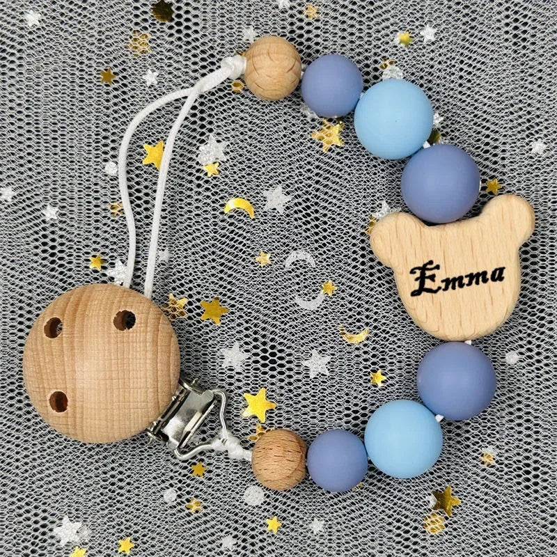 Personalized Baby Pacifier Clip with Name – Silicone Bead Dummy Holder & Teether