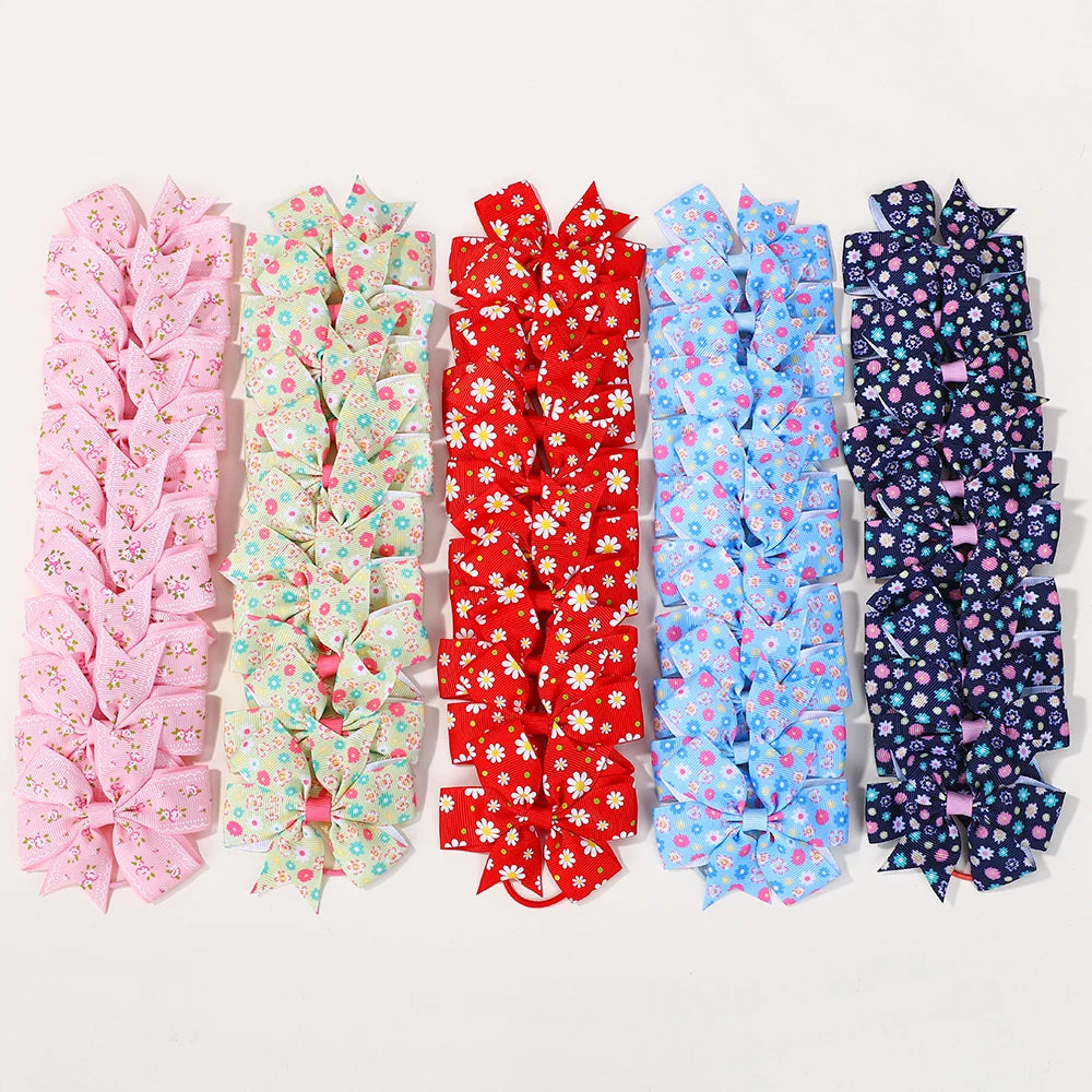 50Pcs Random 3inch flower bowknot hair rope for girls fresh printing head ties toddler cute ponytail hair band set