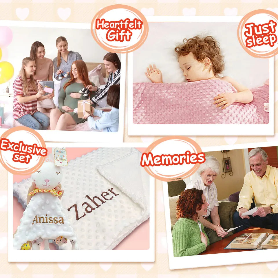 Personalized Newborn Baby Blanket with Name Custom Dot Minky Stroller Swaddle Set Security Towel Baby Shower Gift for Infant Boy