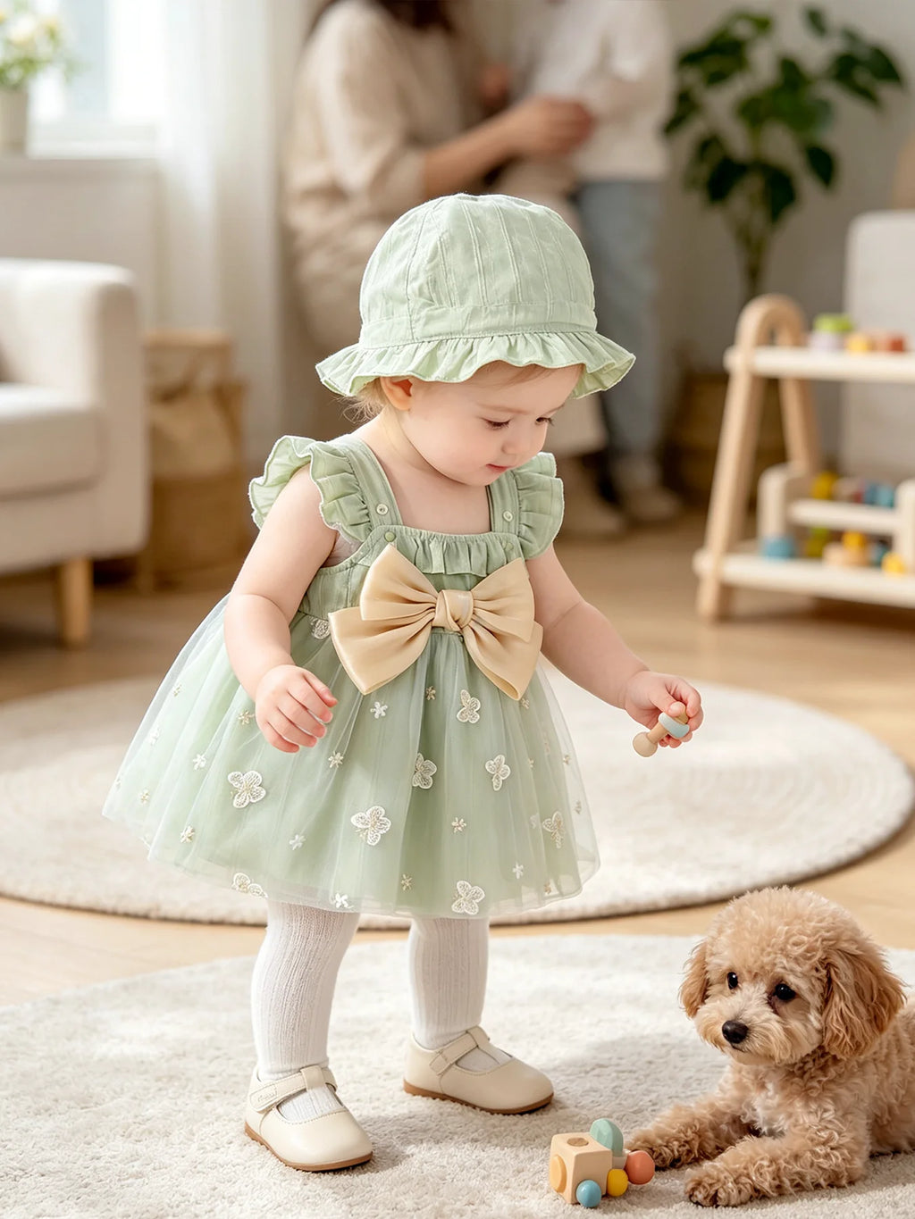 Baby girl bow green flying sleeve mesh fresh girl suspender princess dress two-piece set spring and summer dress
