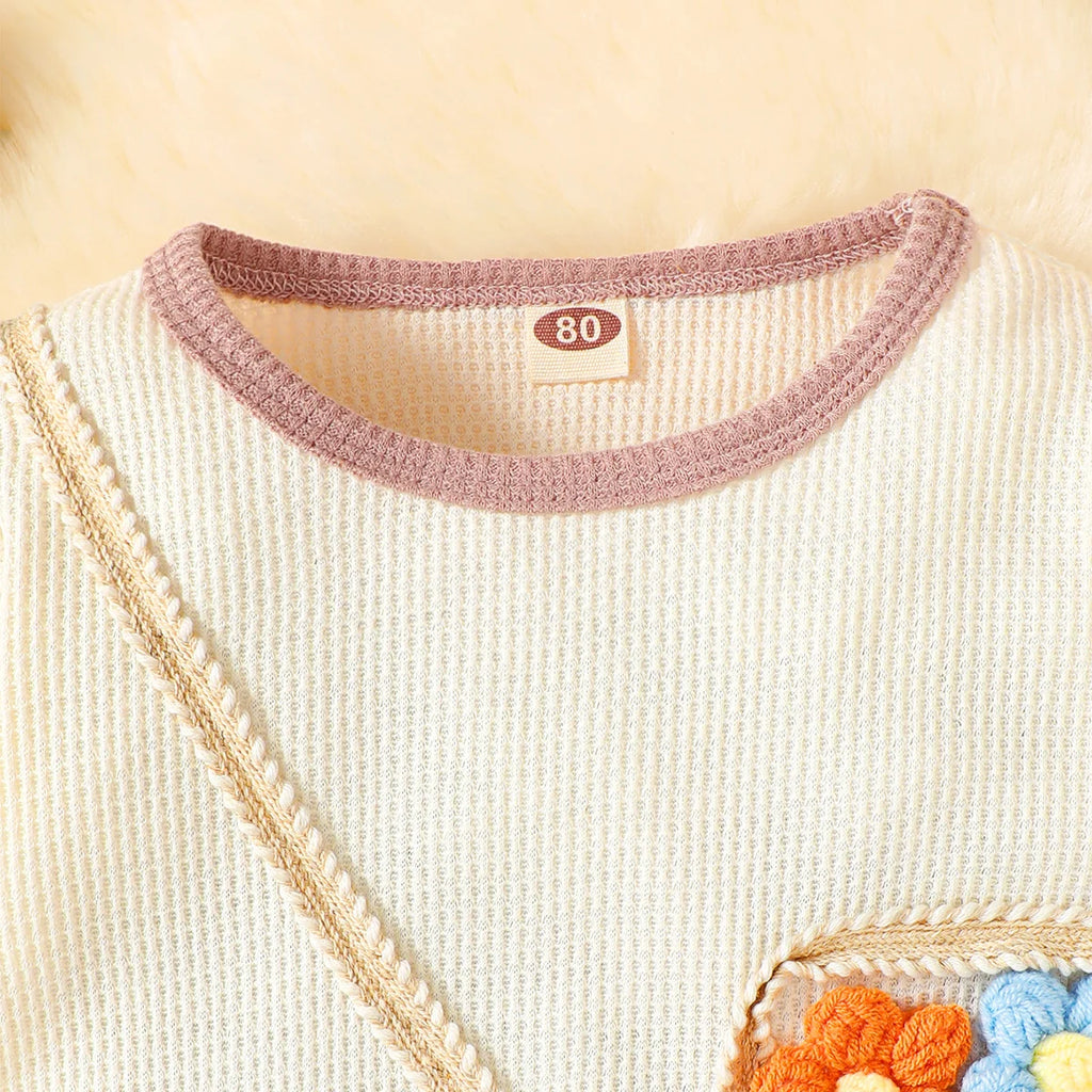 Newborn Baby Girl Jumpsuit Apricot Knit Flower Long sleeved Jumpsuit for Autumn Crawling Clothes for Baby Girls aged 0-12 Months
