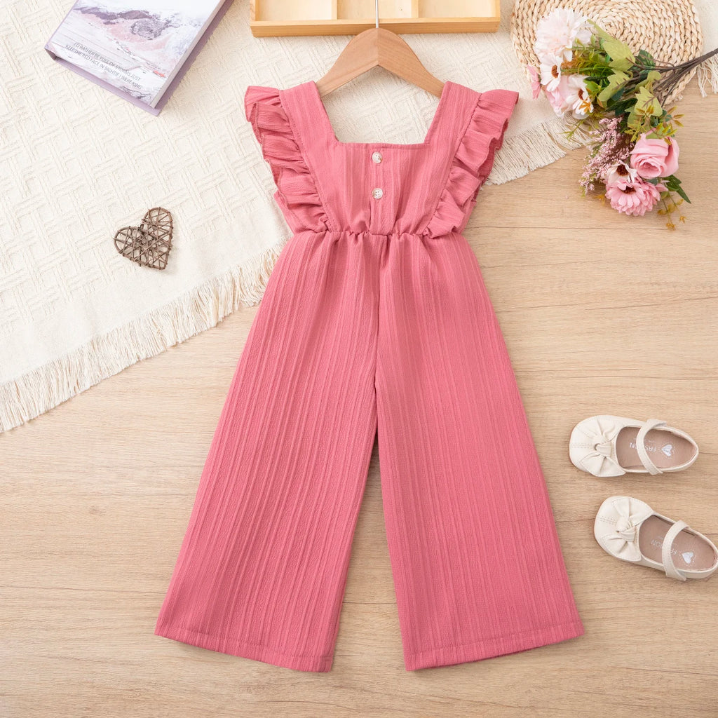 Girls' summer pure-color versatile jumpsuit, ruffle bowknot jumpsuit, princess style jumpsuit, suitable for little girls