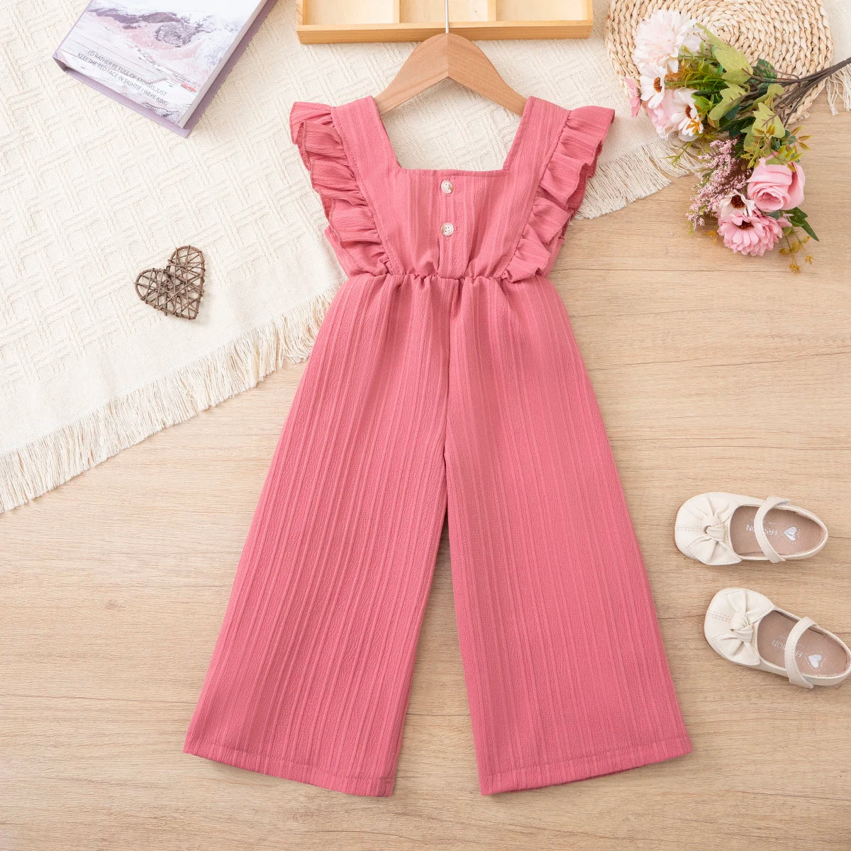 Girls' summer pure-color versatile jumpsuit, ruffle bowknot jumpsuit, princess style jumpsuit, suitable for little girls