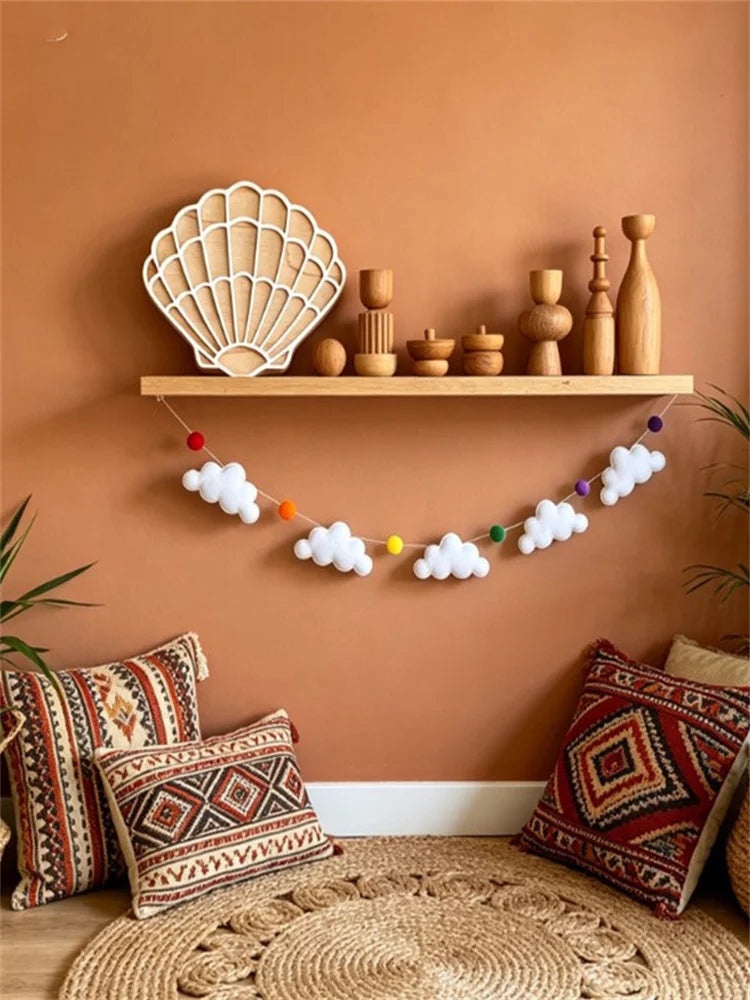 Nordic Felt Cloud and Pompom Garlands String Wall Hanging Decor Kids Room Bed Curtain Hanging Ornaments Party Banner Photo Props