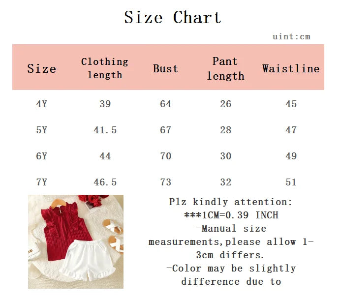 2Pcs Girls' Small Stand Collar Ruffle Sleeveless+Shorts Set Suitable for 4-7 Year Girls Summer Fashion Set children's clothing