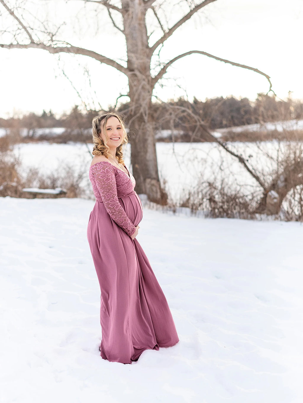 Maternity Lace Photography Gown V-Neck Long Sleeve Maxi Elegant Pregnancy Dress For Baby Shower Photography