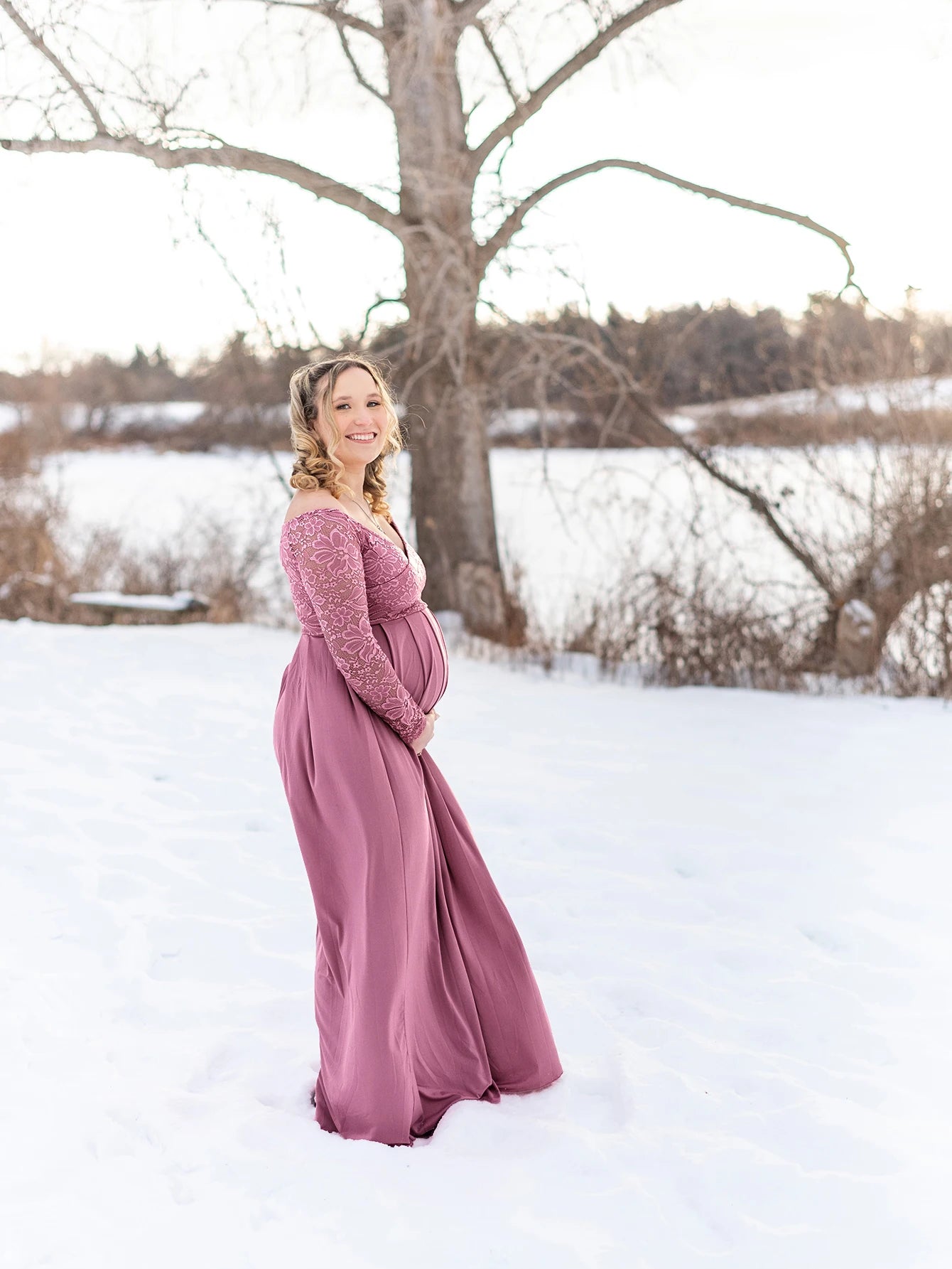Maternity Lace Photography Gown V-Neck Long Sleeve Maxi Elegant Pregnancy Dress For Baby Shower Photography