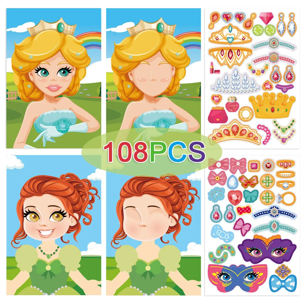Make a Face DIY Animal Princess Dinosaur Jigsaw Stickers Kids Puzzle Games Funny Cartoon Educational Craft Stickers Toy For Baby