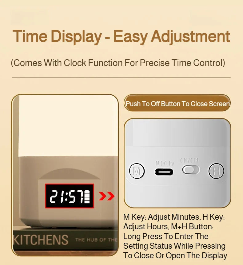 LED Bedside Lamp with Clock Display Touch Control Dimmable Night Light USB Rechargeable for Bedroom Baby Feeding