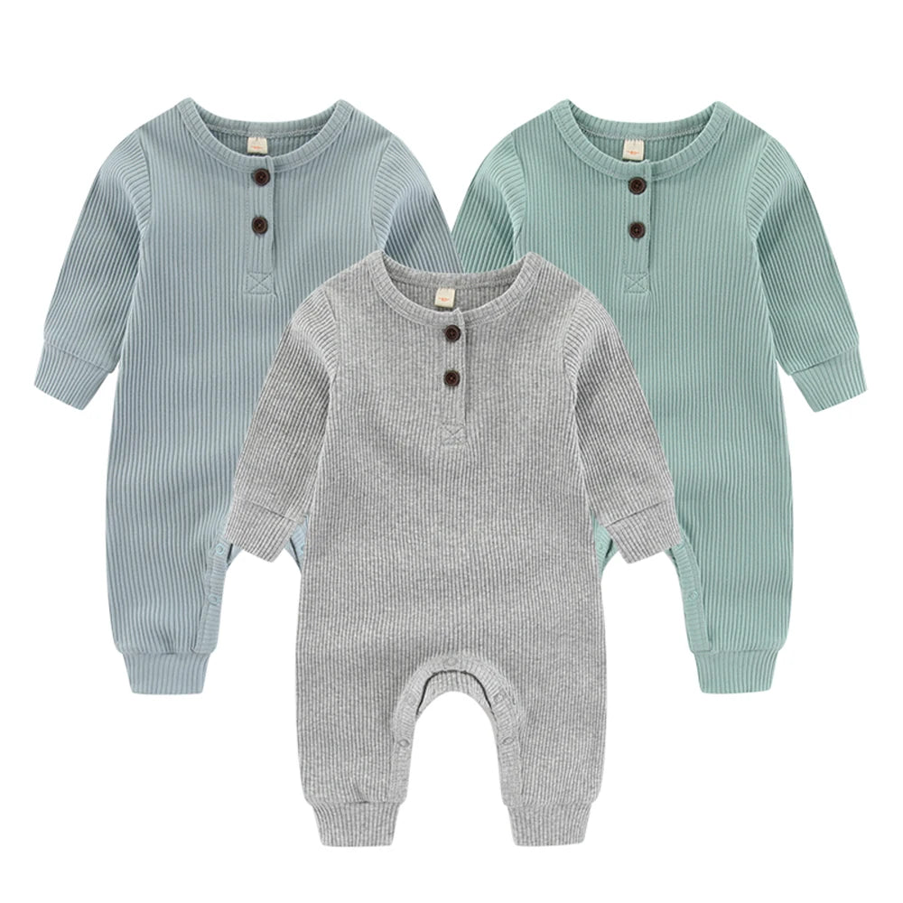 Unisex Infant Jumpsuit Set 3-Piece Solid Color Long Sleeve Rompers 0-24 Months For Babies