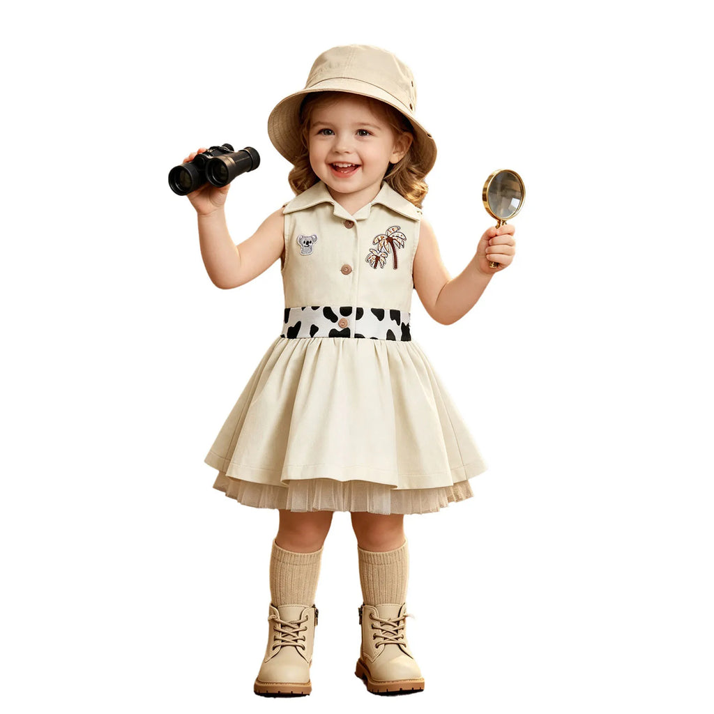 Toddler Baby Girls Zookeeper Suit Sleeveless Cute Animal Embroidery Tulle Dress Birthday Party Cake Smash Zoo Keeper Outfits