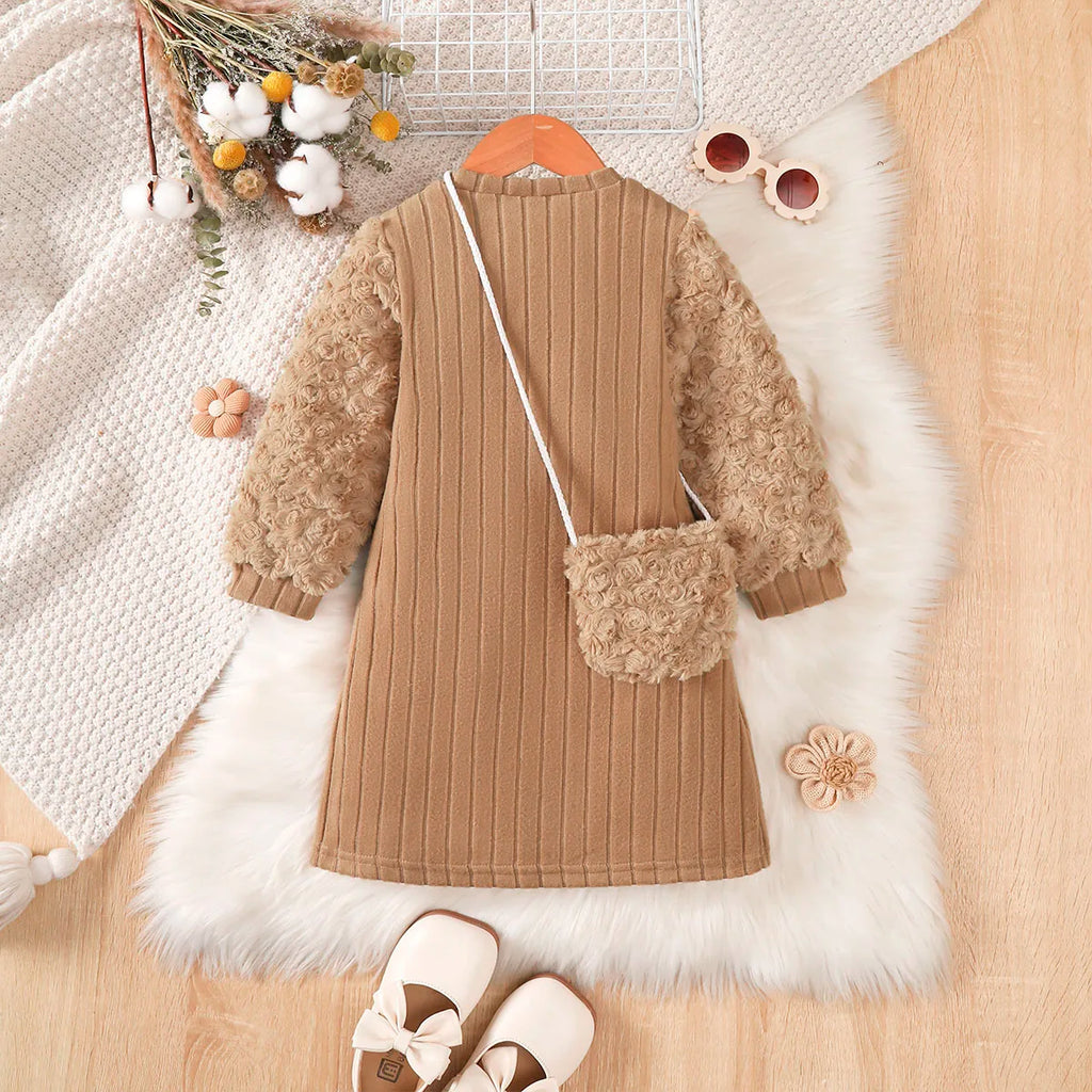 Kid Girls' Dress Brown Long sleeved Splice Fashion Dress+Mini Bag Two-piece Set 4-7 Year old girls' Autumn and Winter Dress