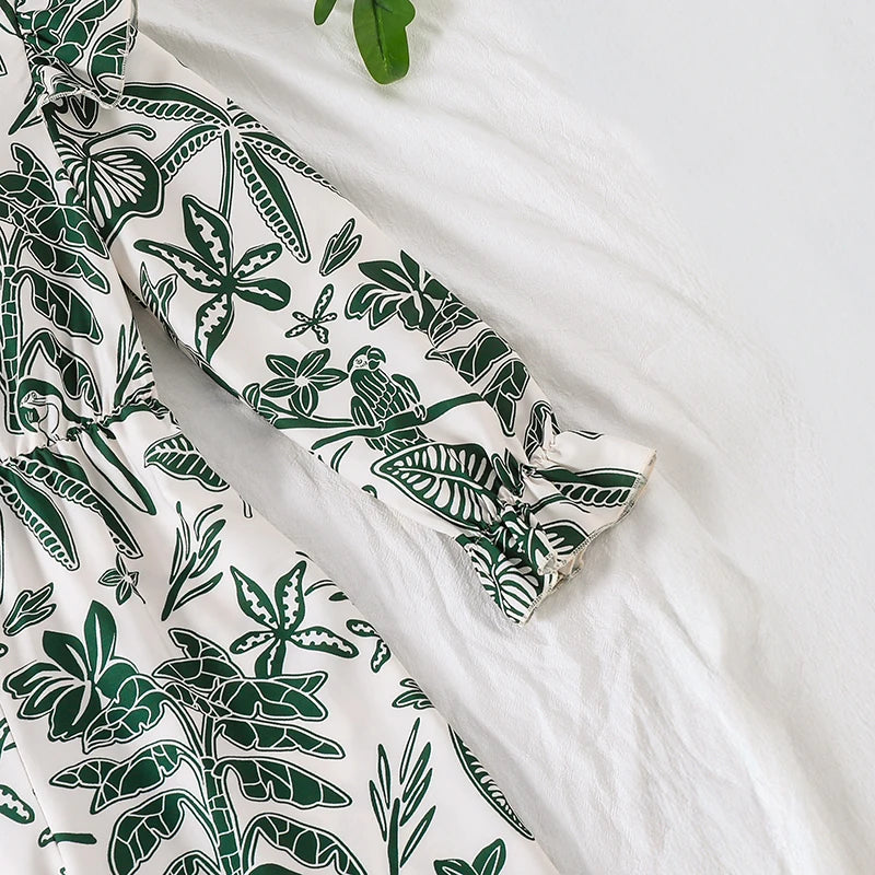 Teen Girls Botanical Print Jumpsuit, Back Big Bow Flared Cuff High Waist Loose Straight Long Casual Playsuit
