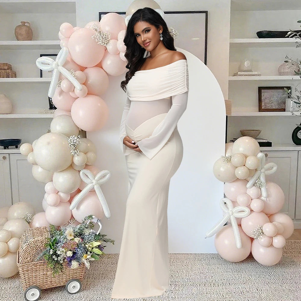 Maternity off Shoulder Long Sleeves Maxi Dress Mesh Paneled Rouched Baby Shower Outfit for Photoshoot