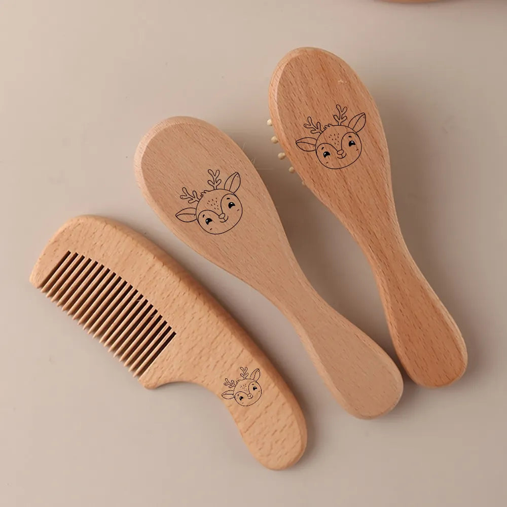 Custom Name Newborn Baby Hair Brush Set - Beechwood Comb & Soft Wool Brush - Natural Baby Grooming Kit & Gift