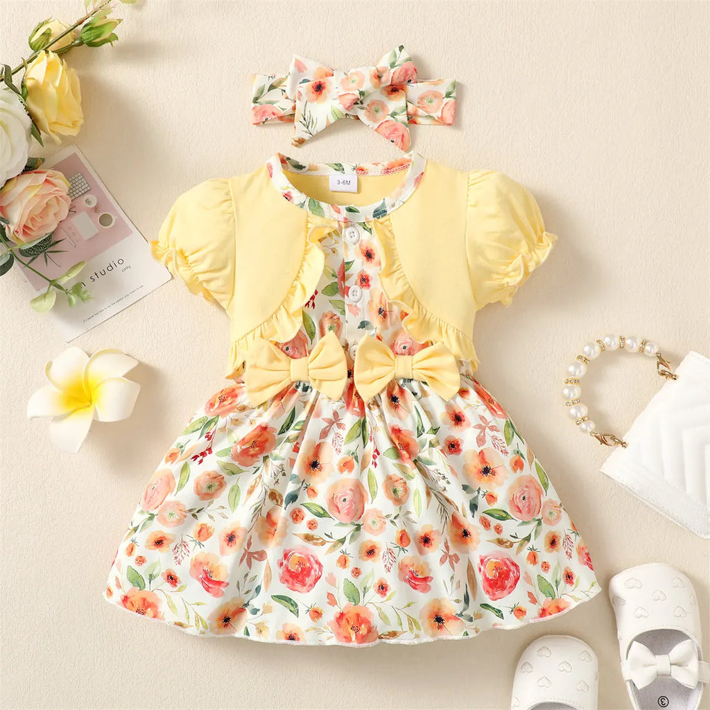 Baby girl Summer Dress Bubble Sleeves and Floral Fashion Dress+Headband 2Pcs/Set for Baby girl 0-24 Months Daily Dressing