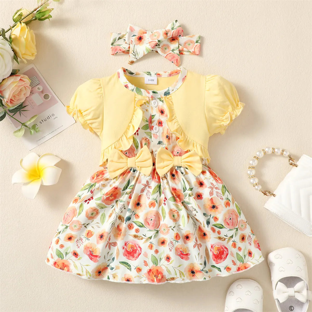 Baby girl Summer Dress Bubble Sleeves and Floral Fashion Dress+Headband 2Pcs/Set for Baby girl 0-24 Months Daily Dressing
