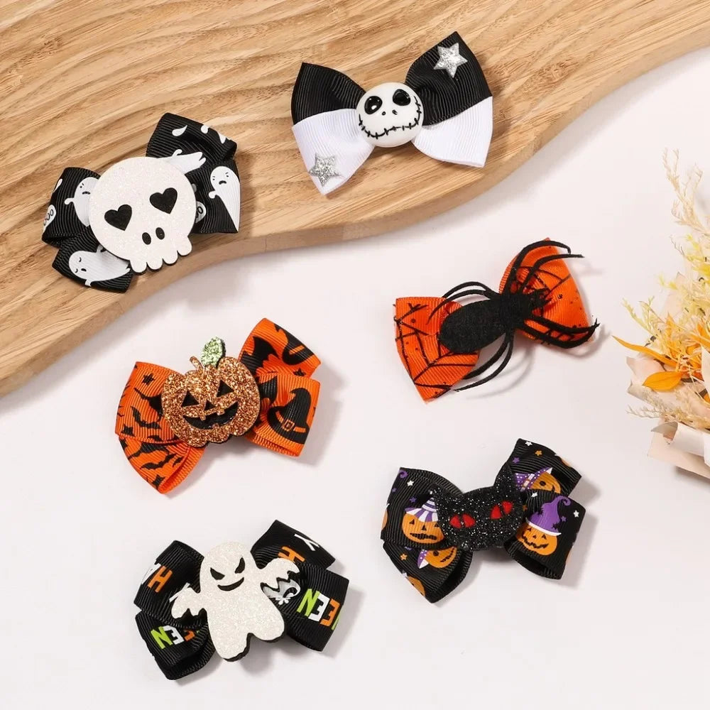 2Pcs/Set Halloween Hair Accessories for Kids Girls - Ribbon Bow Hairpin Ghost Pumpkin Bat Hair Clips for Party Decoration