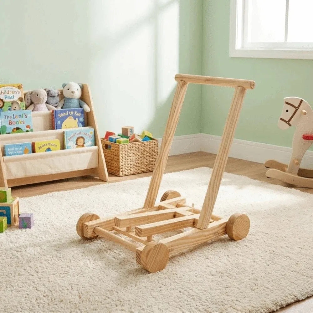 Adjustable Speed Height No-Knot Wood Baby Walker Wheeled Push-Pull Non-Toxic Toddler Walking Aid Safe Sturdy Durable