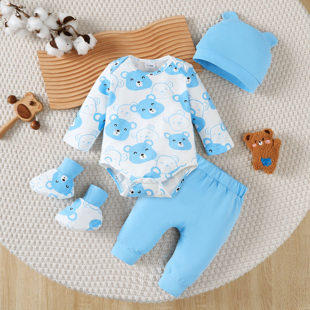 Little Bear 0-9 Months Baby Boy Set Long Sleeve Bodysuit Pants Hat Socks 4-Piece Autumn Clothing