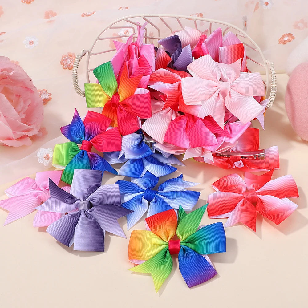 60Pcs Random Bowknot Hair Bangs Hairgripes 3 Inch Rainbow Bow Hairclip Girls Lovely Travel Headwear