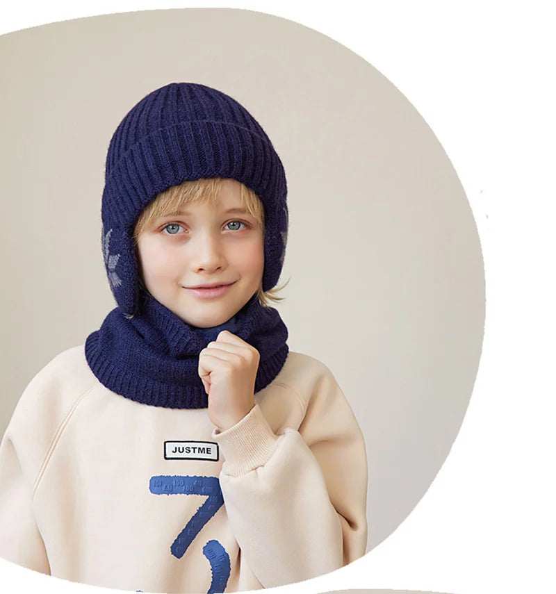 2Pcs Knitted Children Winter Hat Scarf Fleece Lining Ears Protection Kids Beanie Hats Neck Warmer Warm Child Boy Cap 4-10Y