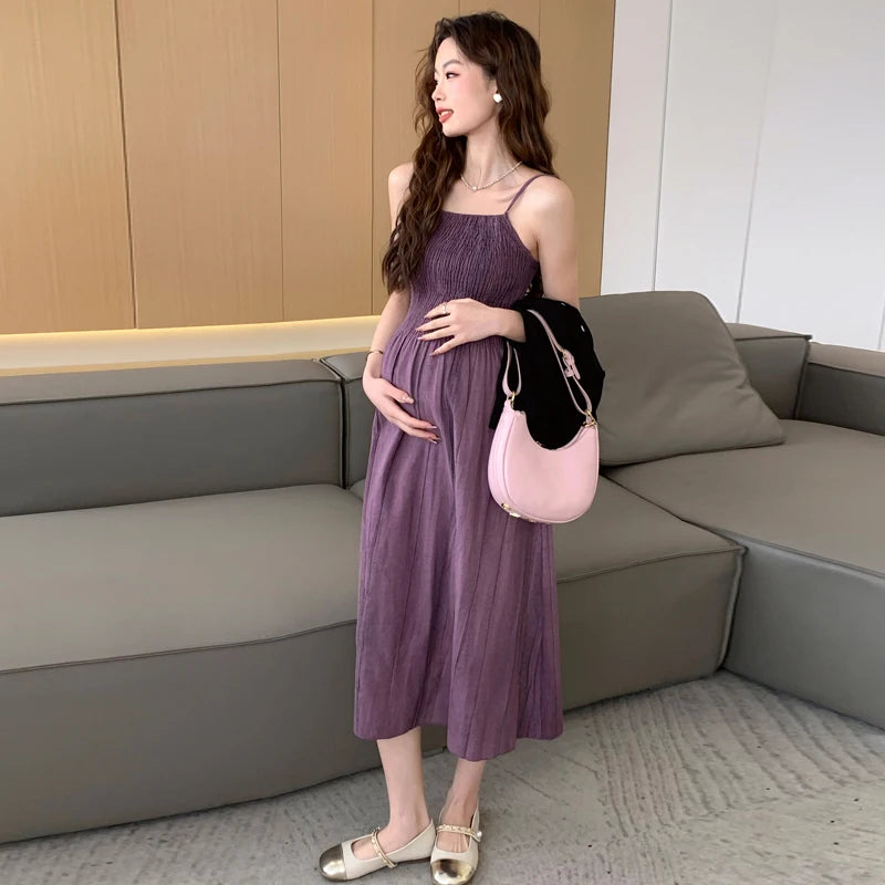 2026 Spring Maternity Dress Suits Long Sleeve Cardigans Strap Dress Twinset Pregnant Woman Clothing Set