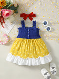 2Pcs/Set of Baby girl Summer Dress with Pleated Edge Princess Dress +Headband for 0-3 Year Baby girls Playing in Amusement Parks