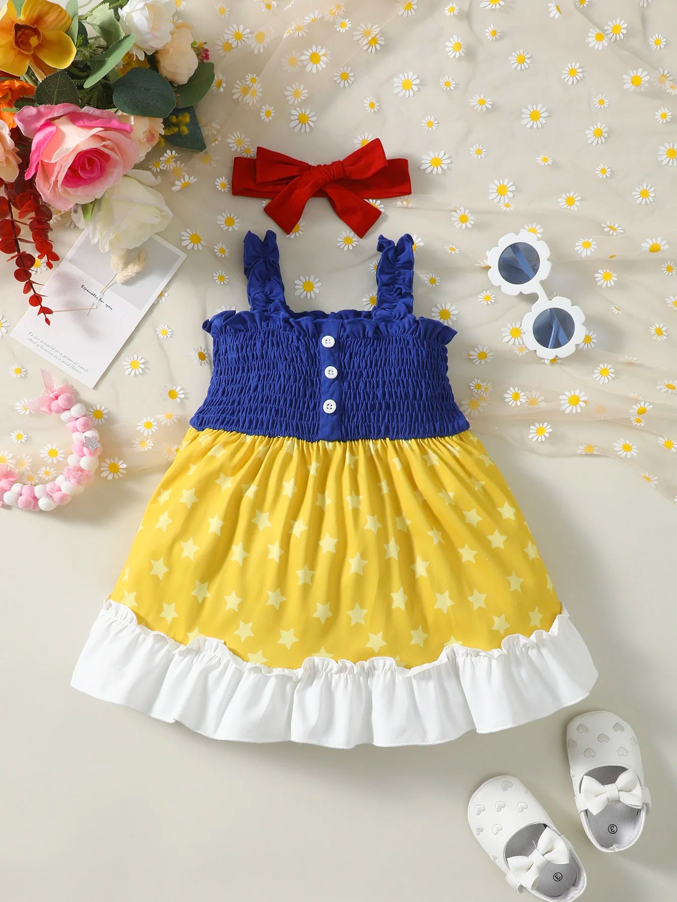 2Pcs/Set of Baby girl Summer Dress with Pleated Edge Princess Dress +Headband for 0-3 Year Baby girls Playing in Amusement Parks