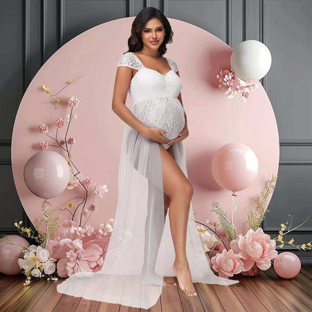 Maternity Summer Lace Off-Shoulder Bodysuit for Photoshoot with Tulle Long Sides Slit Tail Women