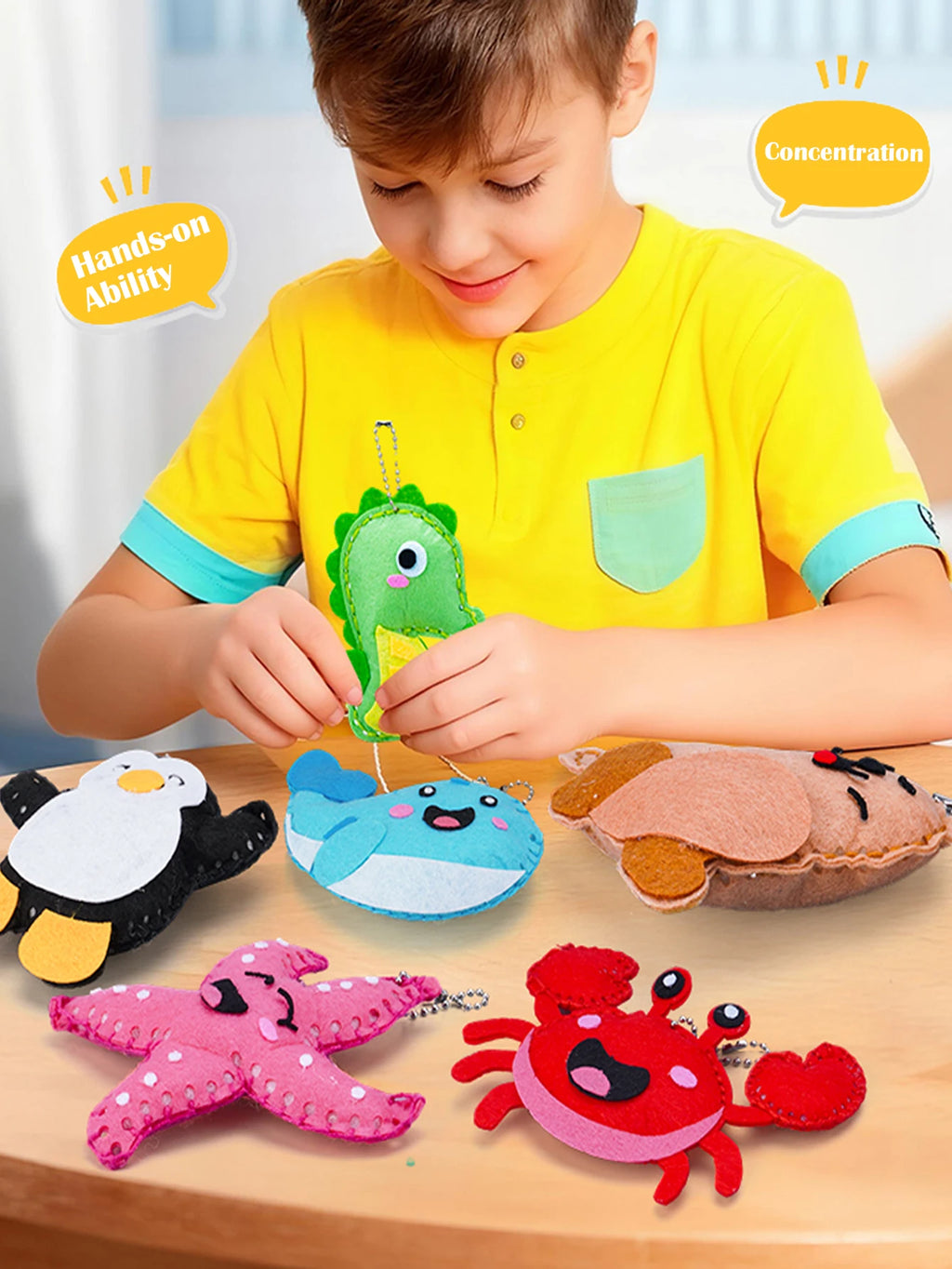 DIY Sewing Toys for Kids, Make Milk Tea Ocean Animal Plushie Craft Set Handmade Fabric with Holes and Threads Gifts