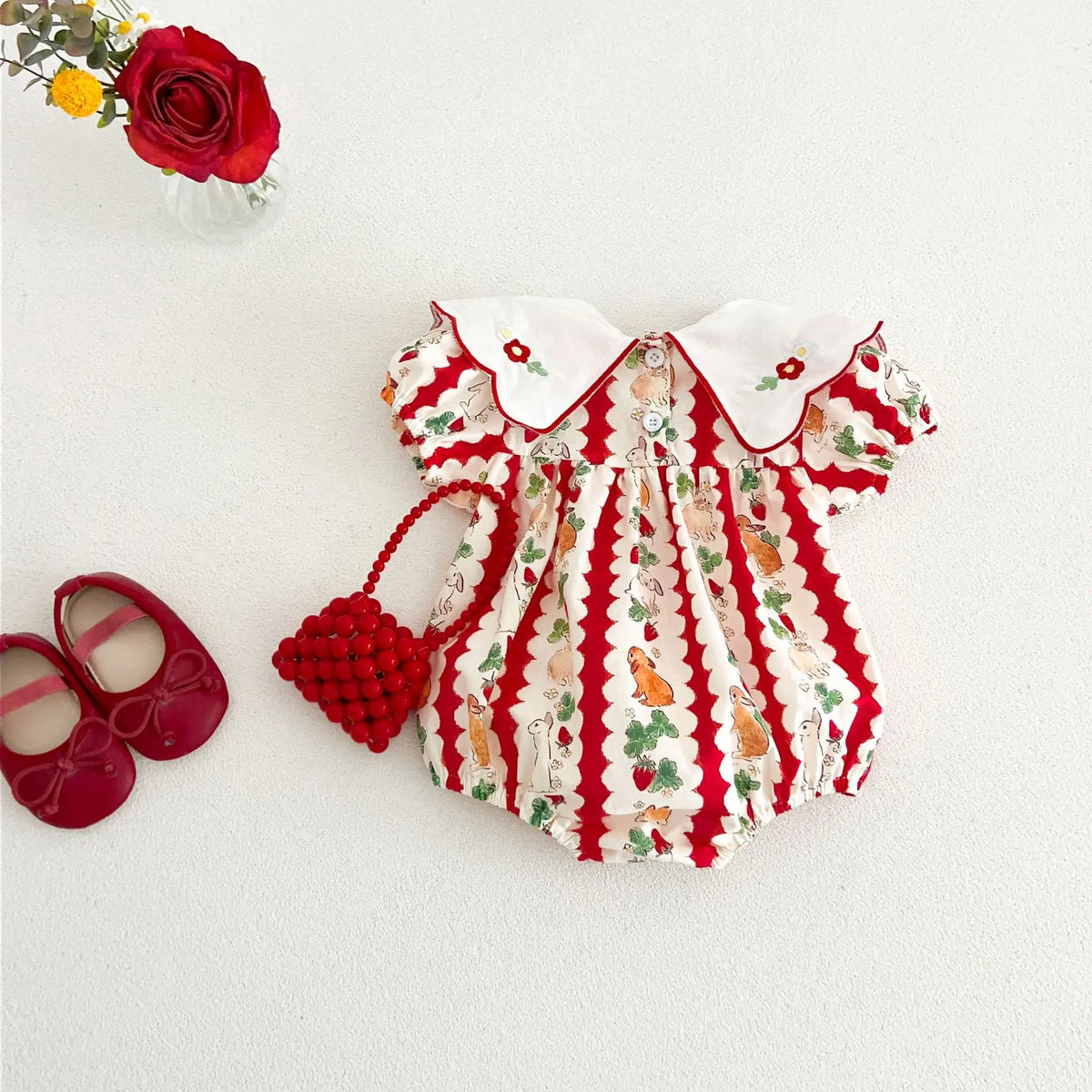 insBaby Girl Rabbit Cartoon Print Embroidered Collar Romper Infant Toddler Sweet Summer Short Sleeve Jumpsuit