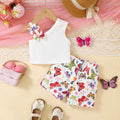Baby Girl Bow Flower sloping shoulder Top+color Butterfly Print Shorts Fashionable2Pcs/Set for 0-3 Year Baby Girls Summer Set