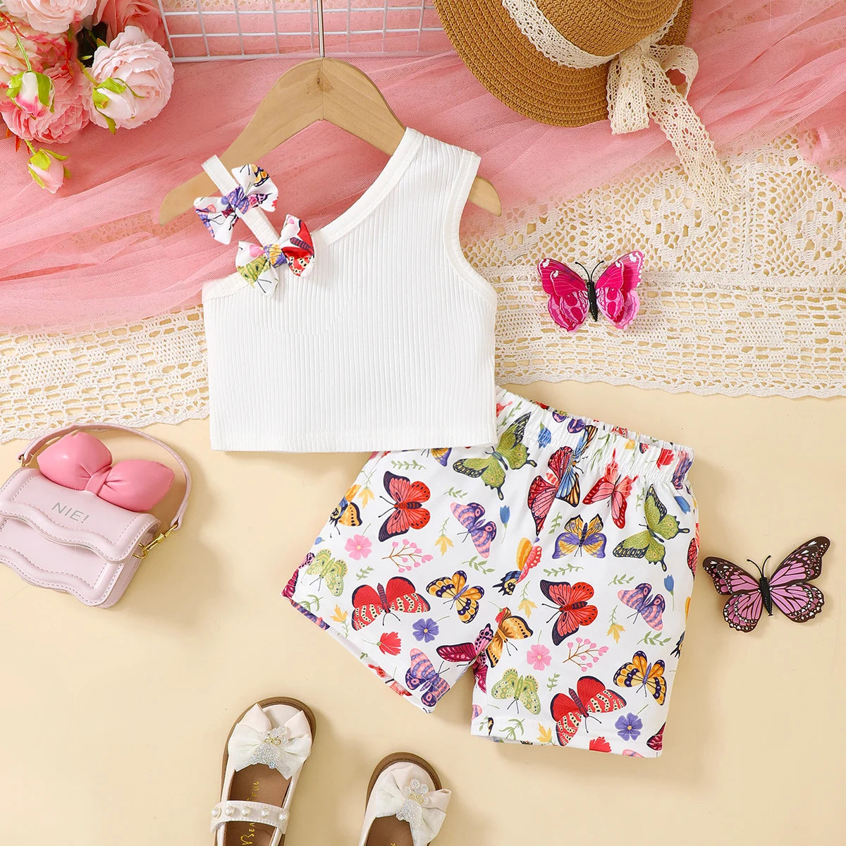 Baby Girl Bow Flower sloping shoulder Top+color Butterfly Print Shorts Fashionable2Pcs/Set for 0-3 Year Baby Girls Summer Set