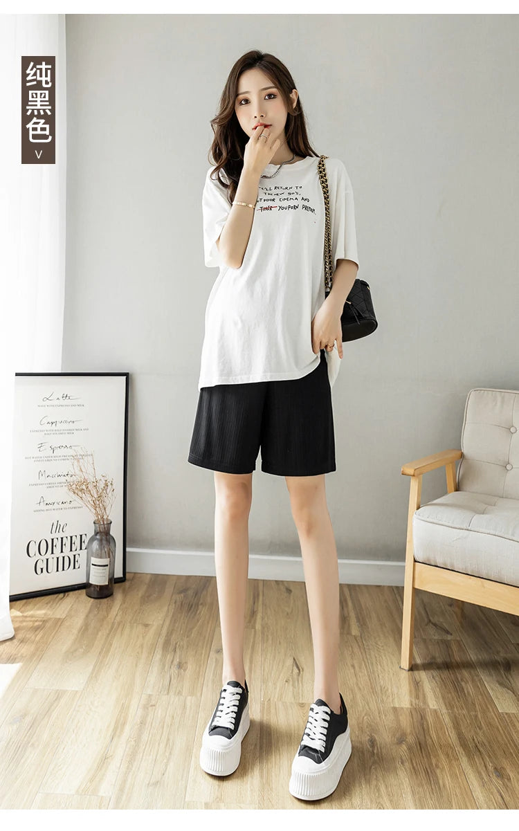 Summer Korean Style Pregnant Woman Ice Silk Shorts Knee-length Adjustable Waist Solid Color Maternity Wide Legs Straight Shorts