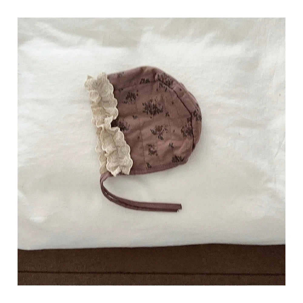 Children Warm Winter Cap Kids Girls Quilted Earflap Hat for Newborns Baby Floral Print Lace Trim Bonnet for Girls Accessories