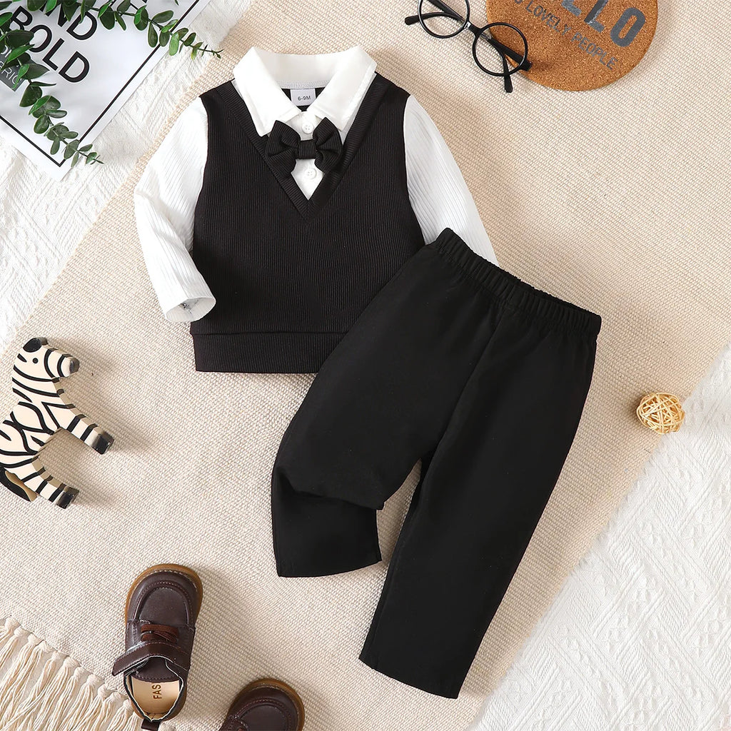 2Pcs Boy Baby Set Lapel Collar Color blocked Top and Pants Fashion Set for 0-3 Year Boy Baby Spring  Autumn Little Gentleman Set