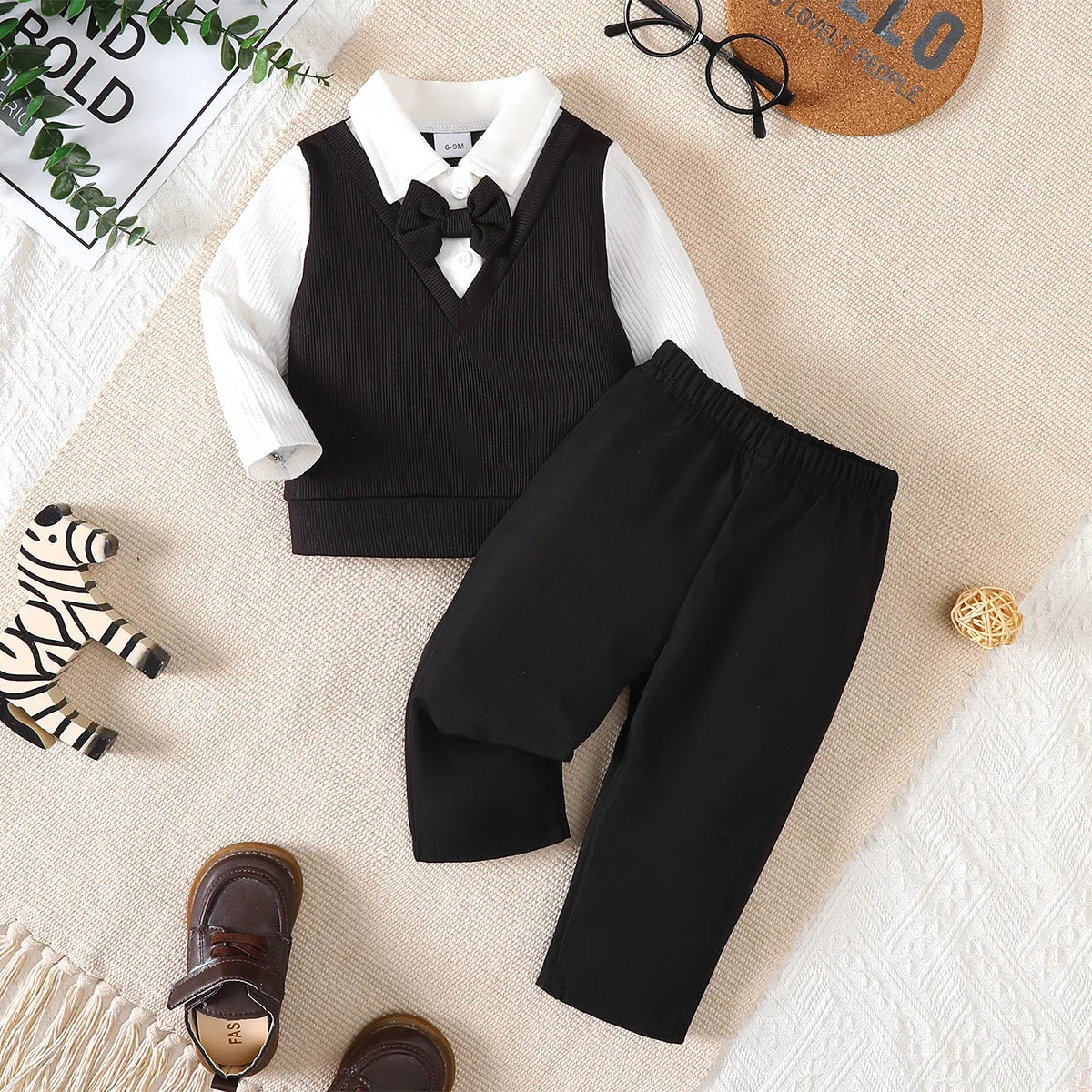 2Pcs Boy Baby Set Lapel Collar Color blocked Top and Pants Fashion Set for 0-3 Year Boy Baby Spring  Autumn Little Gentleman Set
