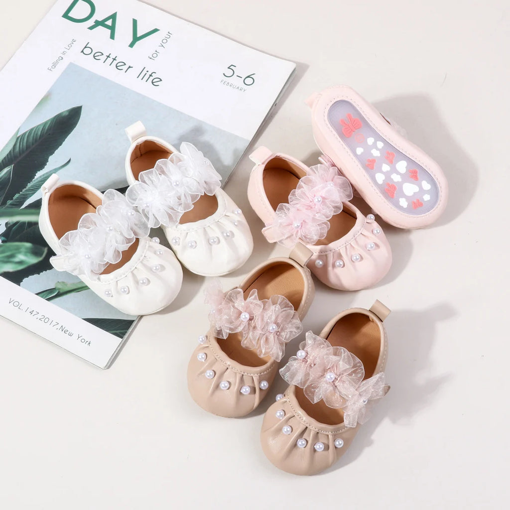 Charming Baby Girls' Pearl Decor Mesh Flower Soft Sole Flats