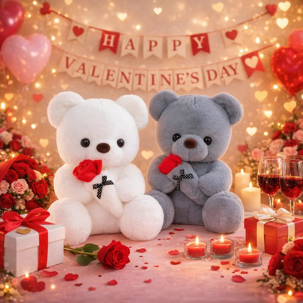 Wedding Rose Bear Plush Toy Cute Stuffed Animal Gift for Valentines Day Anniversary and Romantic Celebration Decor