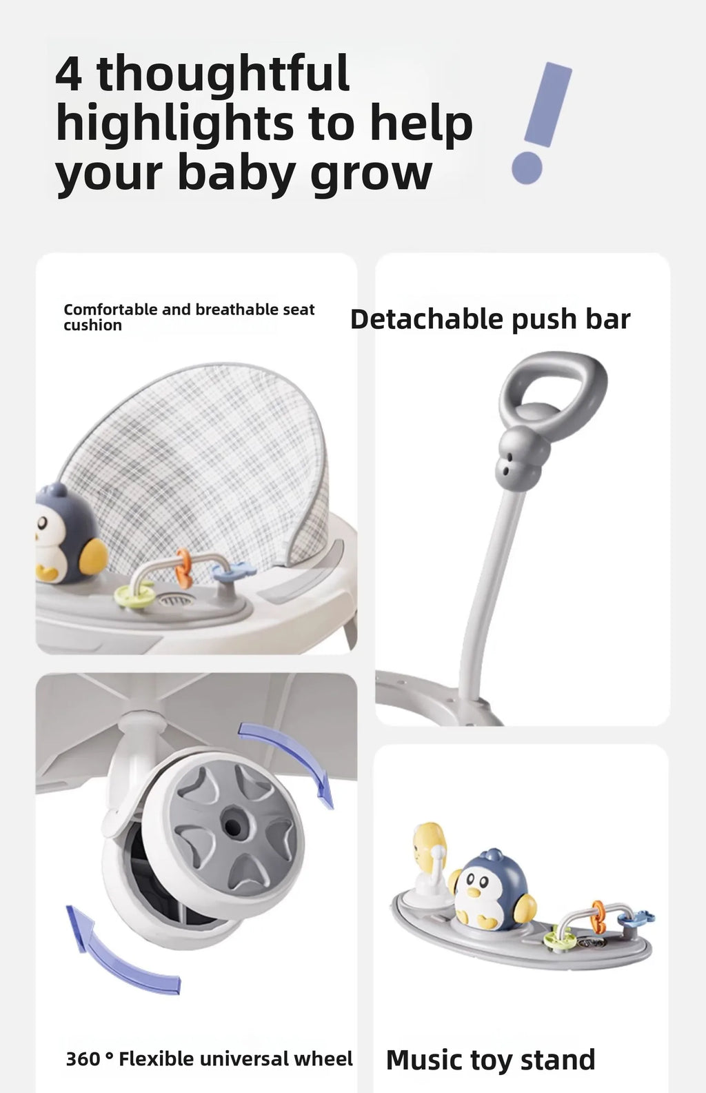 Baby Walker Foldable Multifunctional Toddler Learning Walk Car Anti O-Leg Design Adjustable Music Tray Safety Wheels