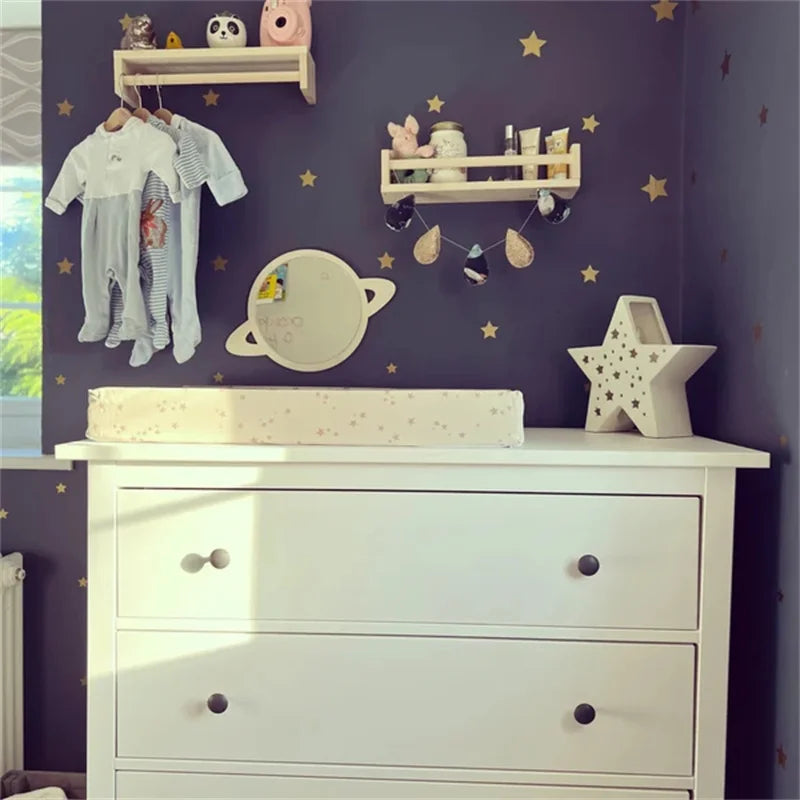 Ins Scandinavian Style Satellite Planet Wooden Anti-Shattering Wall Mirror Home Decoration Living Room Bedroom Background Boys and Girls Room Decoration Mirror, Cute Christmas, New Year Gift - Baby World SA