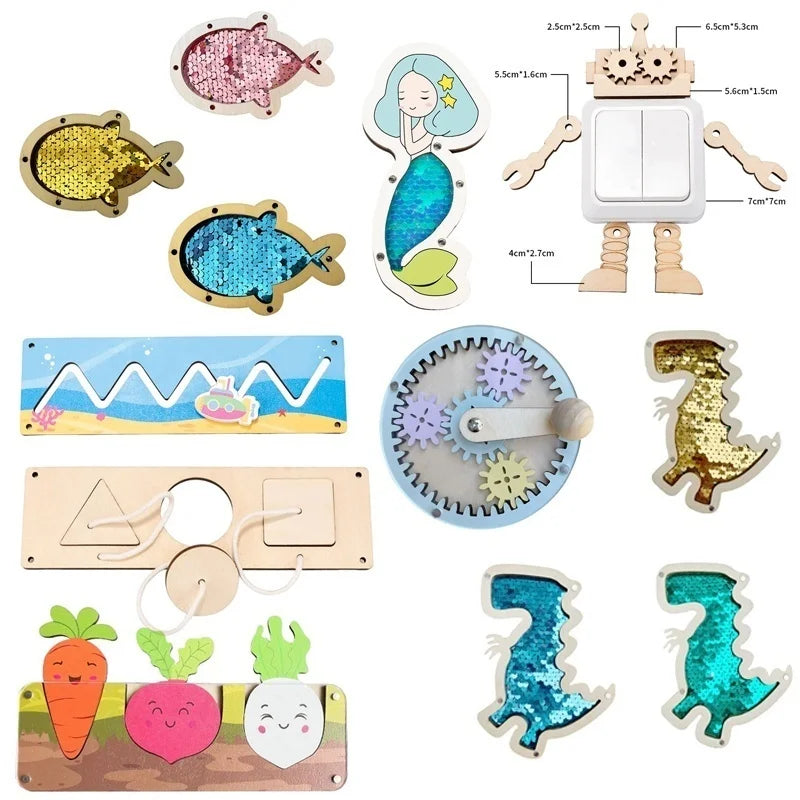 DIY Montessori  Busy Board Accessories Bee Flower Gear Gate Educational Toys LED Lamp Drum Learning Wooden Game Busy Board Toy
