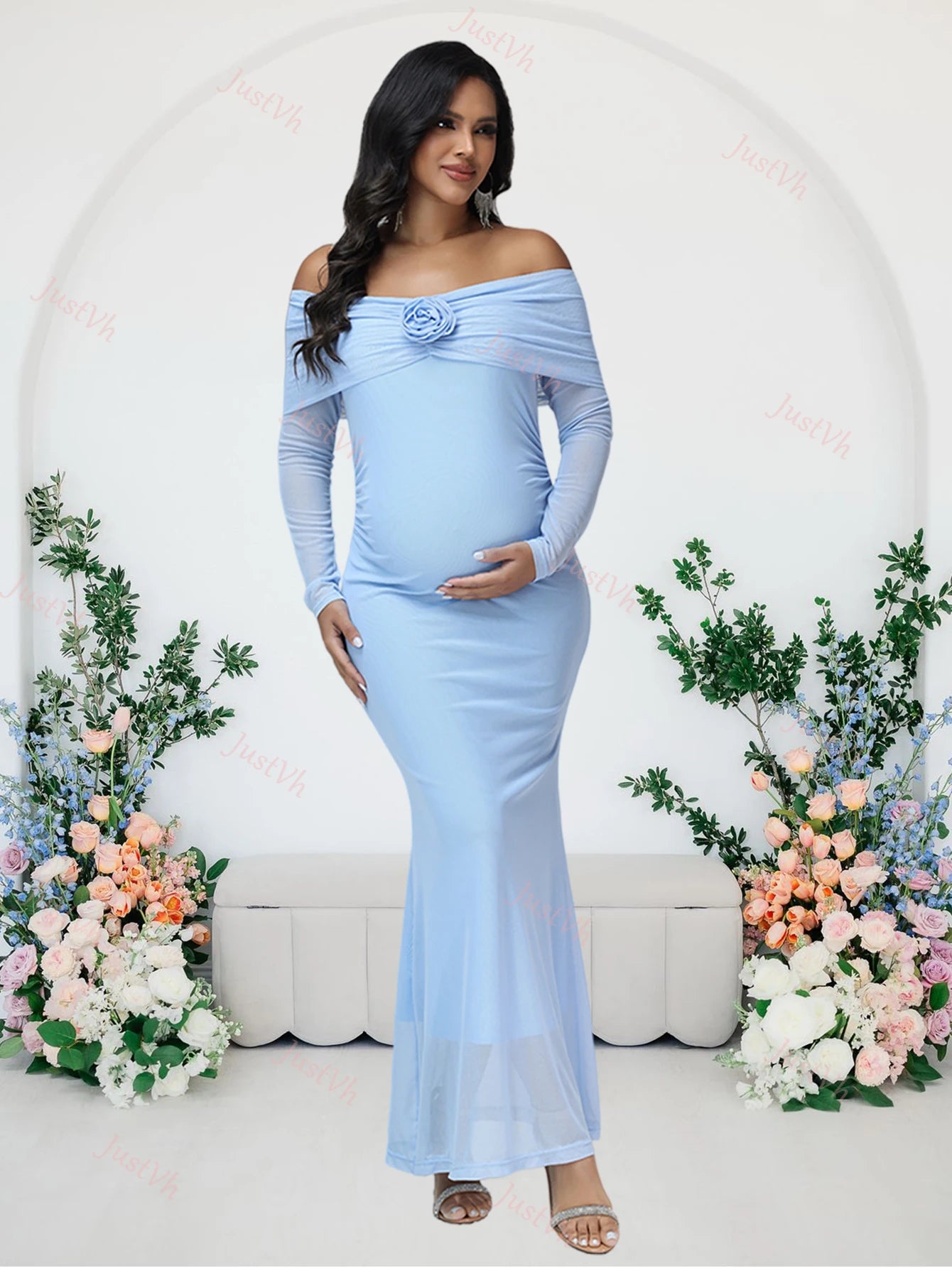 Maternity 3D Floral Off Shoulder Long Sleeve Mesh Long Dress Elegant Fitted Gown for Baby Shower Photoshoot