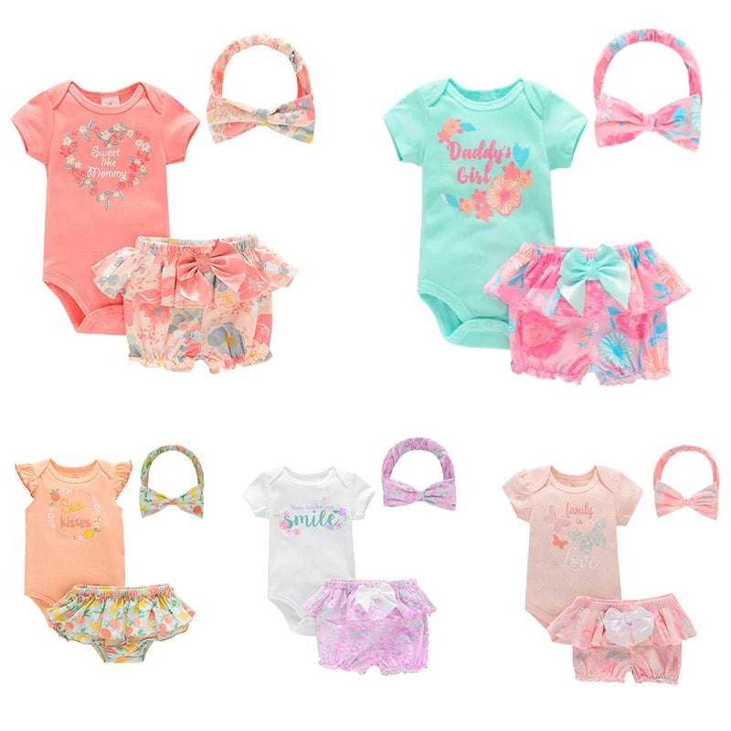 Cute Fashion 3-Piece Baby Girl Clothing Set Cartoon Newborn Bodysuits+Short Pants+Hairband Suits Summer Infant Clothes