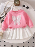 Two-piece baby girl set with bow 3D foam print casual sweatshirt and pleated skirt, thickened for autumn and winter warmth, suit