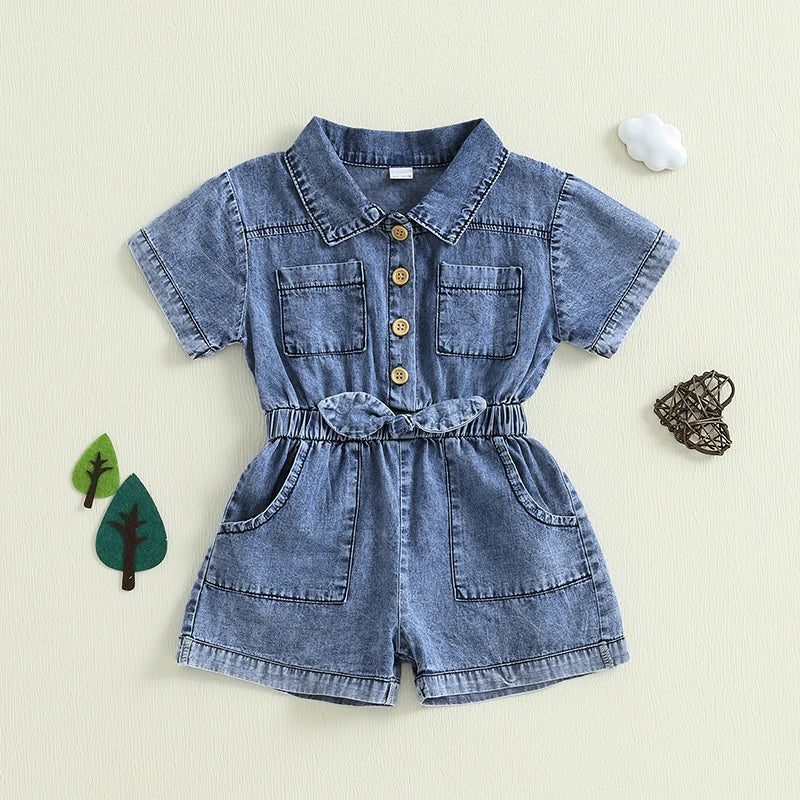 1-5Y Girls Kids Denim Overalls Shorts Short Sleeves Turn Down Collar Button Down Elastic Waist Jean Romper Jumpsuits Clothes