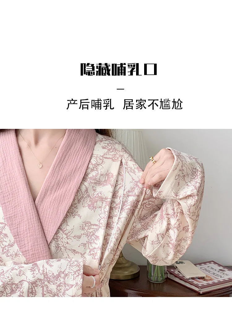 Pure Cotton Maternity Nightie For Pregnant Breastfeeding Clothes 	Sleepwear Autumn V-Neck Pajamas For Nursing Mothers