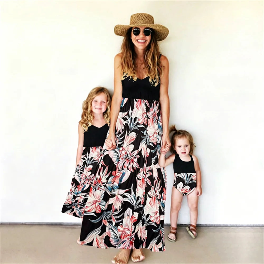 Vintage Mother Daughter Dress Vestidos Family Matching Outfits Children Dress Beach Casual Women Dresses Summer Girls Clothing